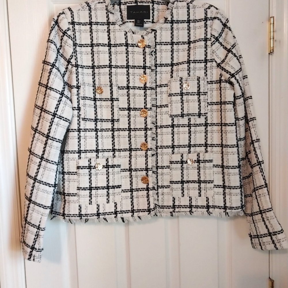 TAHARI Chanel Style Boucle Jacket size Large Neutral Background white/black